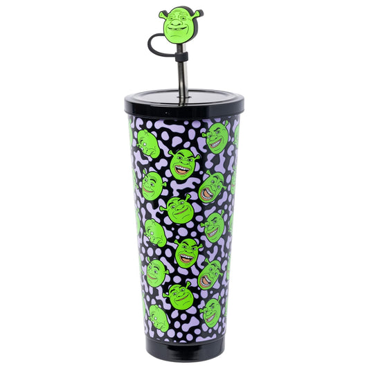 Silver Buffalo Shrek It Out Toss Face - Vaso de acero inoxidable de 24 onzas con tapa y tapa para popote