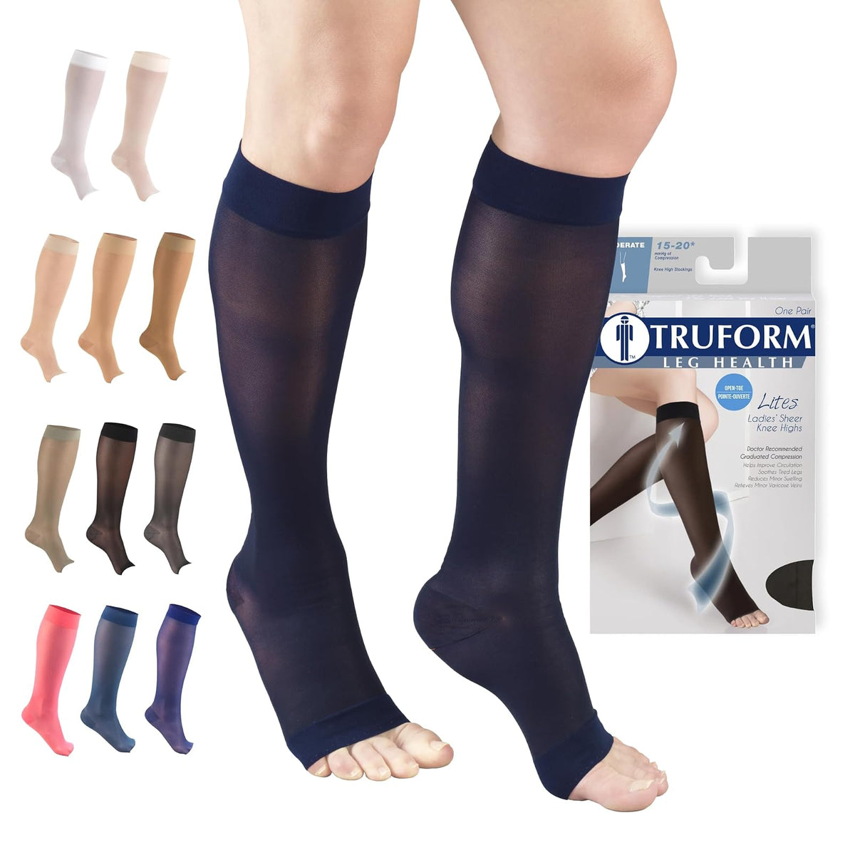 Truform Medias de Compresión 15-20 mmHg hasta la Rodilla, Punta Abierta - Large - Navy