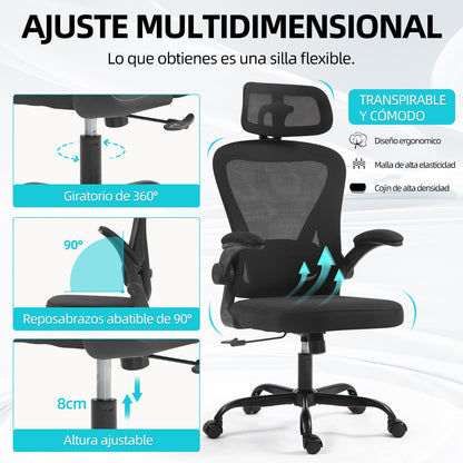 Cokos Silla de Oficina Ergonómica Giratoria Regulable con Reposabrazos Reposacabezas y Soporte Lumbar Apta para Oficinas y Salas de Estudio, Negro