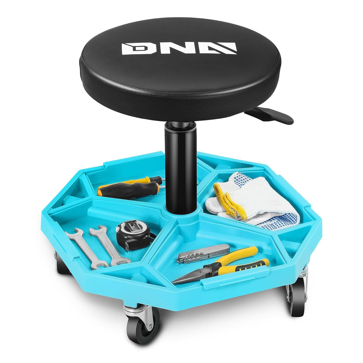 DNA MOTORING - Taburete mecánico neumático de Altura Ajustable con Bandeja de Herramientas, Capacidad máxima de Peso de 300 Libras, Azul, TOOLS-00480