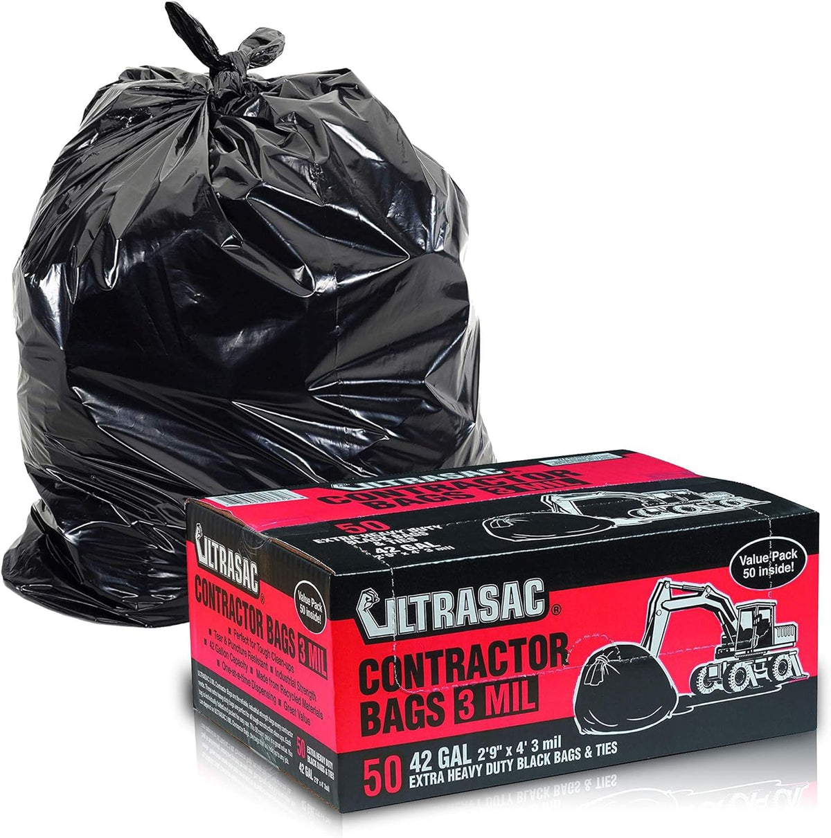 Ultrasac - Bolsas para contratistas resistentes (valor, 50 paquetes/w lazos), 42 galones, 33.8 x 47 pulgadas - 3 milímetros de grosor, bolsas de basura industriales negras grandes para construcción y