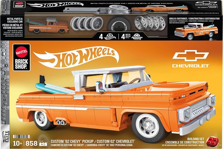 Hot Wheels Brick Shop Juguete de Construcción Custom Chevy '62 Pickup 1:16 | Serie Elite; incluye motor expuesto, calcomanías, placa de colección y auto de metal, para coleccionistas