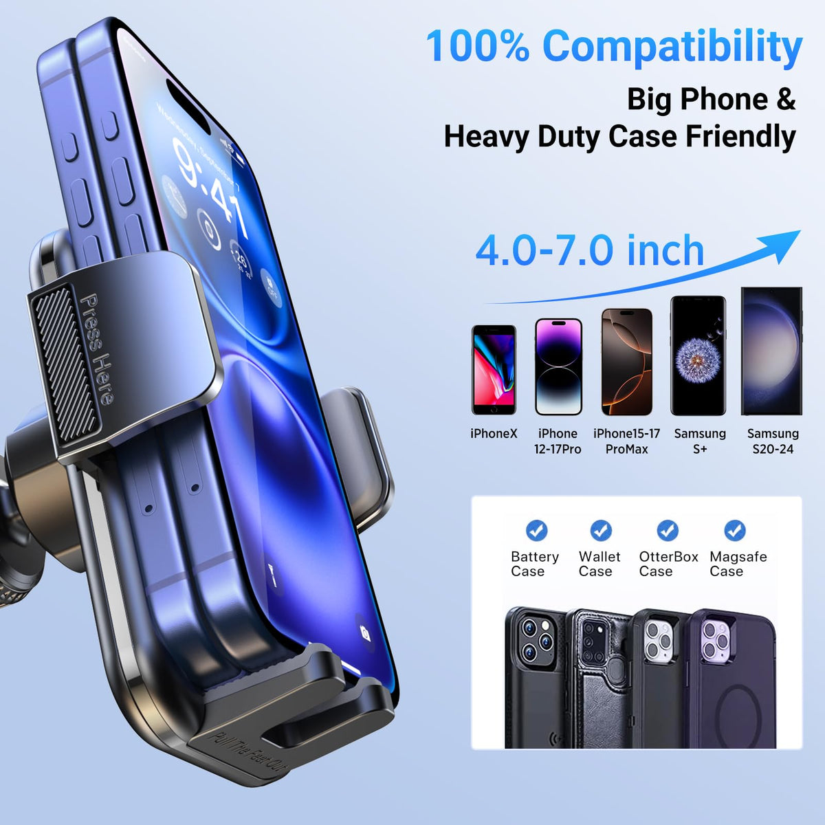 Soporte para teléfono de automóvil 3 en 1 [122+LBS con succión más fuerte y brazo de abrazadera estable] Soporte ajustable para teléfono de automóvil de 360°, soportes para teléfono celular para tu automóvil para