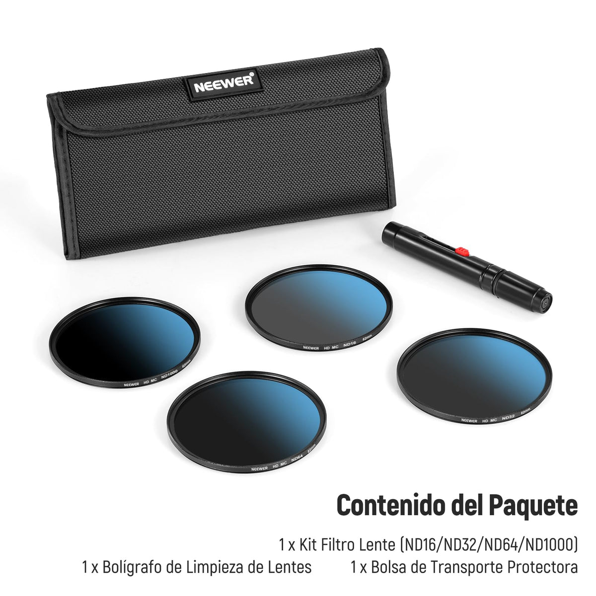 NEEWER Juego 82mm Lente Filtros ND, ND16/ND32/ND64/ND1000, Pluma de Limpieza de Lentes, Bolsa de Filtro, Kit de Accesorios de Filtro HD Compatible con Canon Nikon Sony Cámara Lentes