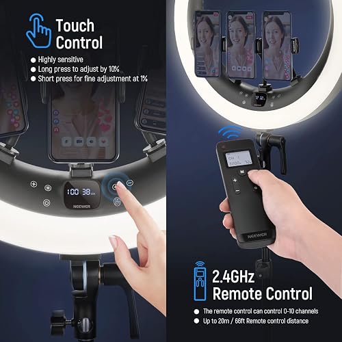 NEEWER Aro de Luz RP19H 19 inch con Trípode y 3 Soporte Móvil, 2.4G Actualizado y Control Táctil, Atenuación Suave al 1%, 42W CRI 97+ 2540lux, Profesional para Streaming Home Office Zoom Call Lighting