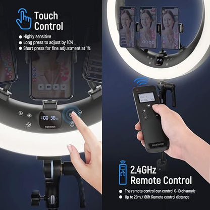 NEEWER Aro de Luz RP19H 19 inch con Trípode y 3 Soporte Móvil, 2.4G Actualizado y Control Táctil, Atenuación Suave al 1%, 42W CRI 97+ 2540lux, Profesional para Streaming Home Office Zoom Call Lighting