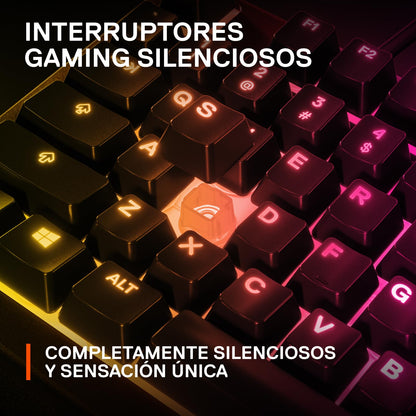 SteelSeries Apex 3 RGB Teclado para Juegos – Iluminación RGB de 10 Zonas – Resistente al Agua IP32 – Reposamuñecas magnético Premium (Interruptor silencioso para Juegos) – SP (español)