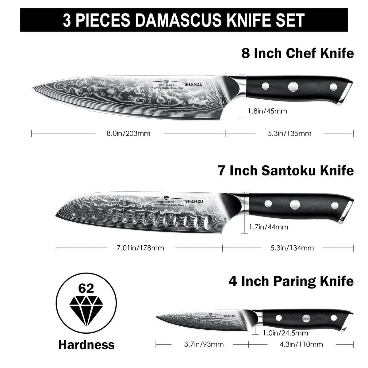 SHAN ZU 3 Piezas Juego de Cuchillo de Cocina, Set Cuchillo de Cocina Japones de Acero de 67 Capas, Cuchillo de Chef Cuchillo Santoku Cuchillo Pelador - PRO Series
