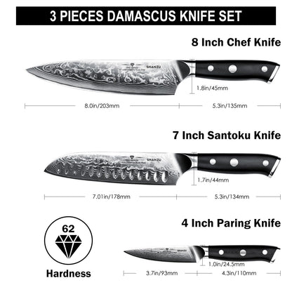 SHAN ZU 3 Piezas Juego de Cuchillo de Cocina, Set Cuchillo de Cocina Japones de Acero de 67 Capas, Cuchillo de Chef Cuchillo Santoku Cuchillo Pelador - PRO Series