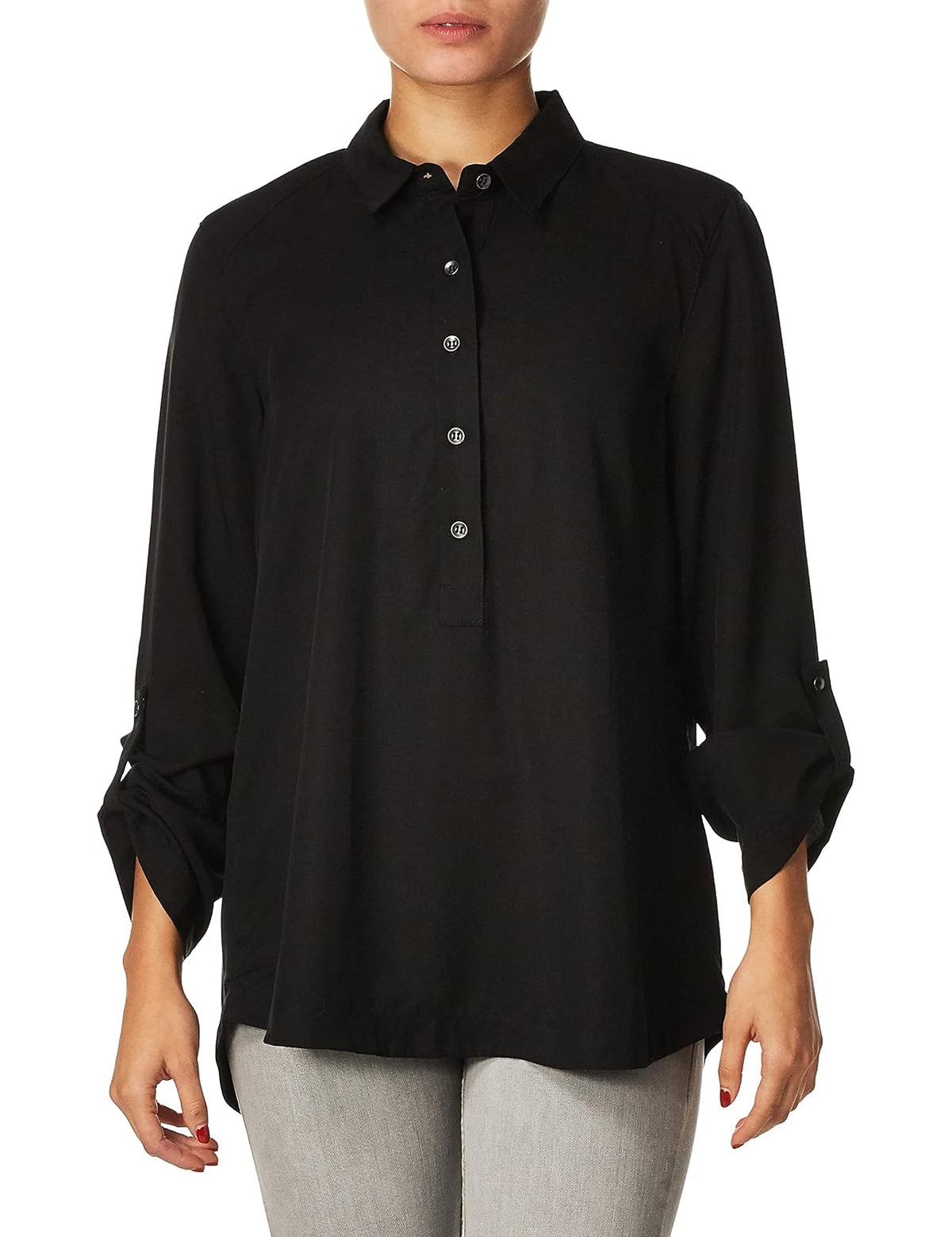 SLIM-SATION Long Sleeve Roll Tab 1/2 Button Front High- Low Shirt Blusa Mujer