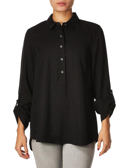 SLIM-SATION Long Sleeve Roll Tab 1/2 Button Front High- Low Shirt Blusa Mujer