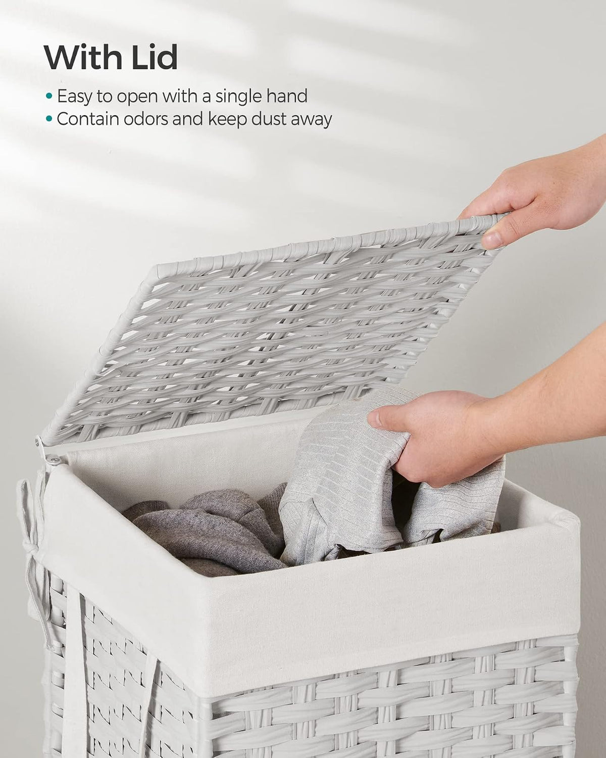 SONGMICS Cesto de lavandería con tapa, tela a mano, de polirratán, plegable, con asas y bolsa de forro extraíble, color blanco ULCB165W01