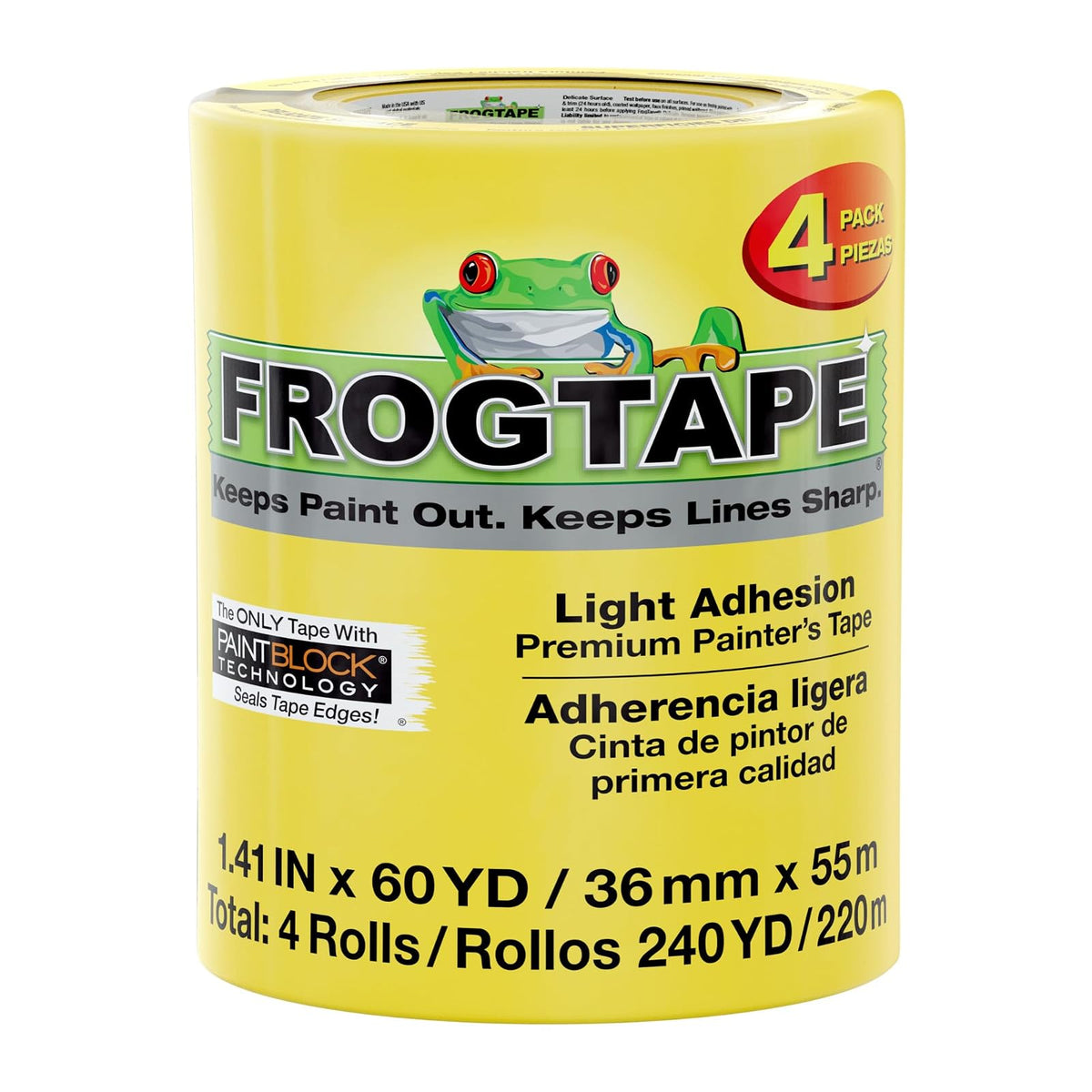 FrogTape - Cinta delicada para pintar superficies con bloque de pintura, 1.5 pulgadas de ancho 240662 (60 yardas), baja adherencia, ideal para paredes recién pintadas, molduras y superficies,