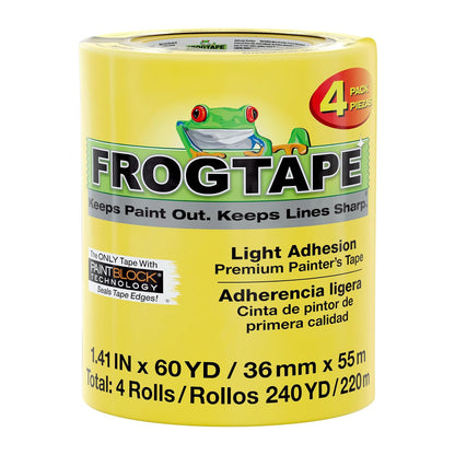 FrogTape - Cinta delicada para pintar superficies con bloque de pintura, 1.5 pulgadas de ancho 240662 (60 yardas), baja adherencia, ideal para paredes recién pintadas, molduras y superficies,