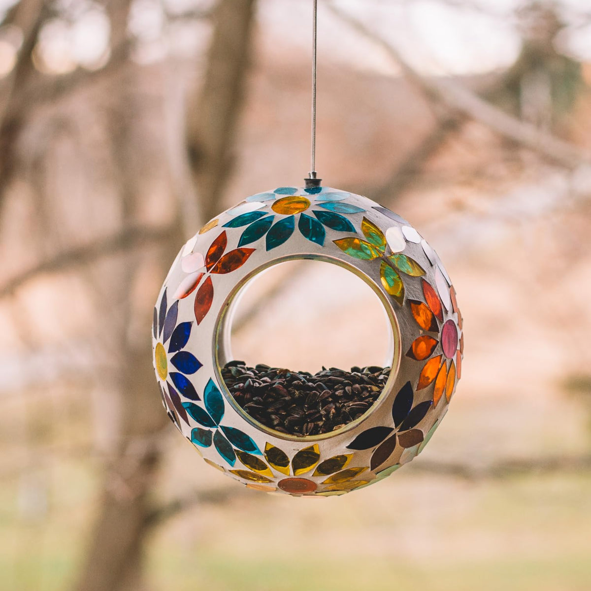 Comedero Colgante de Vidrio para pájaros en el Patio Trasero, Multicolor, para pájaros, para Exteriores, comedero de Mosaico, Forma Redonda, comedero Salvaje
