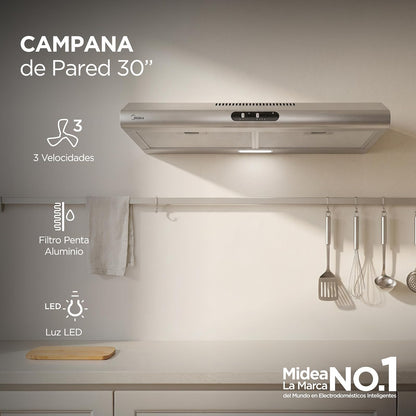Midea MJUD30S3GS Campana de Pared 30” Slim Acero Inoxidable
