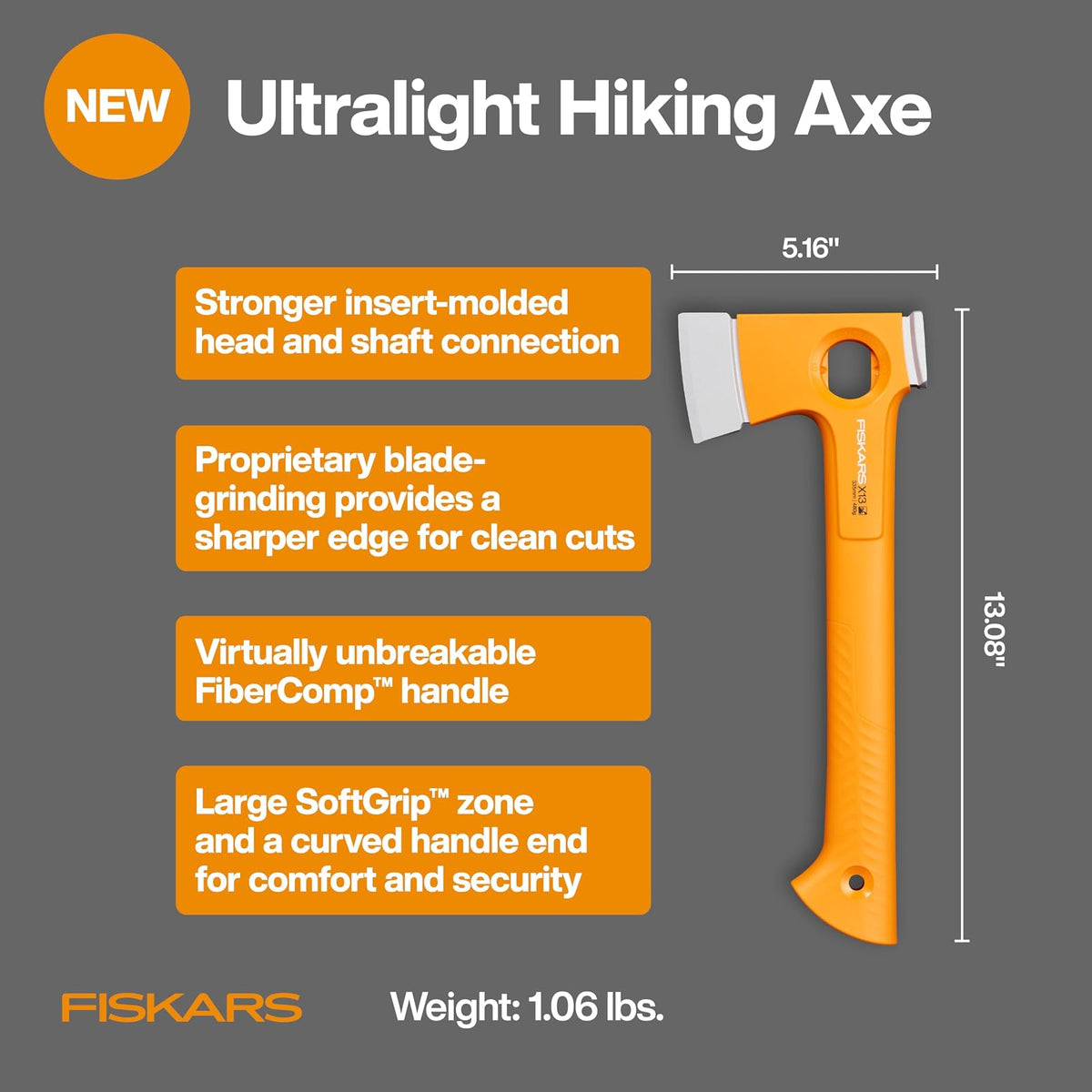 Fiskars X13 - Hacha de Senderismo Ultraligera, 33 cm, Hacha de Camping | Ultra afilado para cortar Kindling y Bushcraft, naranja de alta visibilidad, extremo llamativo para estacas de tienda de