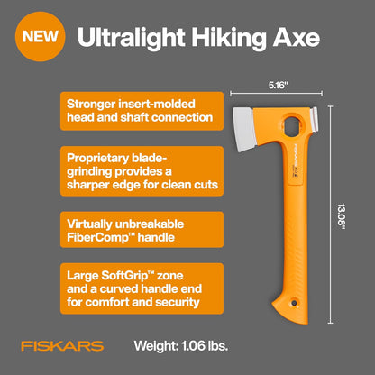 Fiskars X13 - Hacha de Senderismo Ultraligera, 33 cm, Hacha de Camping | Ultra afilado para cortar Kindling y Bushcraft, naranja de alta visibilidad, extremo llamativo para estacas de tienda de