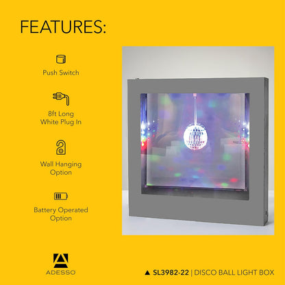 Adesso SL3982-22 Simplee Disco Ball Novedad Caja de estado de ánimo LED multicolor para mesa o montaje colgante, iluminación de pared de galería, alimentación con batería o USB, certificación ETL, 8 pies, marco plateado