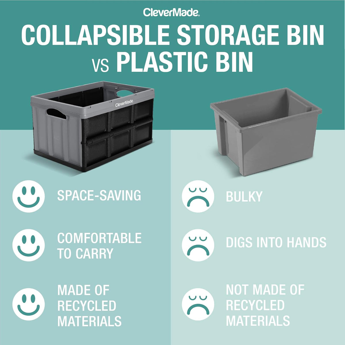 CleverMade Contenedores Plegables de Almacenamiento, Paquete de 3, 62 L, Apilables, Color Piedra
