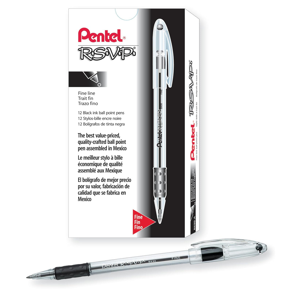 Pentel R.S.V.P. Bolígrafo, Punta Fina y Media, Caja con 12 Piezas - Caja de 12 - stick - Black