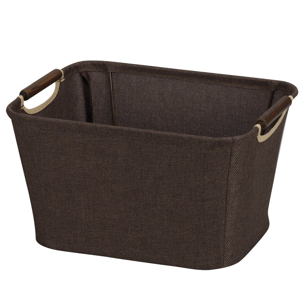 Household Essentials Small Tapered Storage Bin with Wood Handles, Coffee Linen
