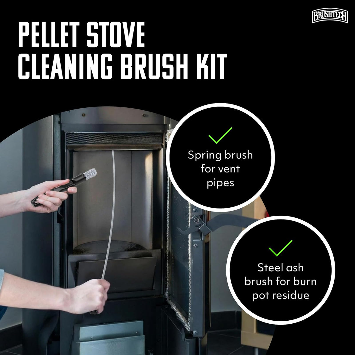 Brushtech Pellet Stove Cleaning Brush Kit de Cepillo para Polvo de Limpieza para Tubos de refrigeración de 3 Pulgadas