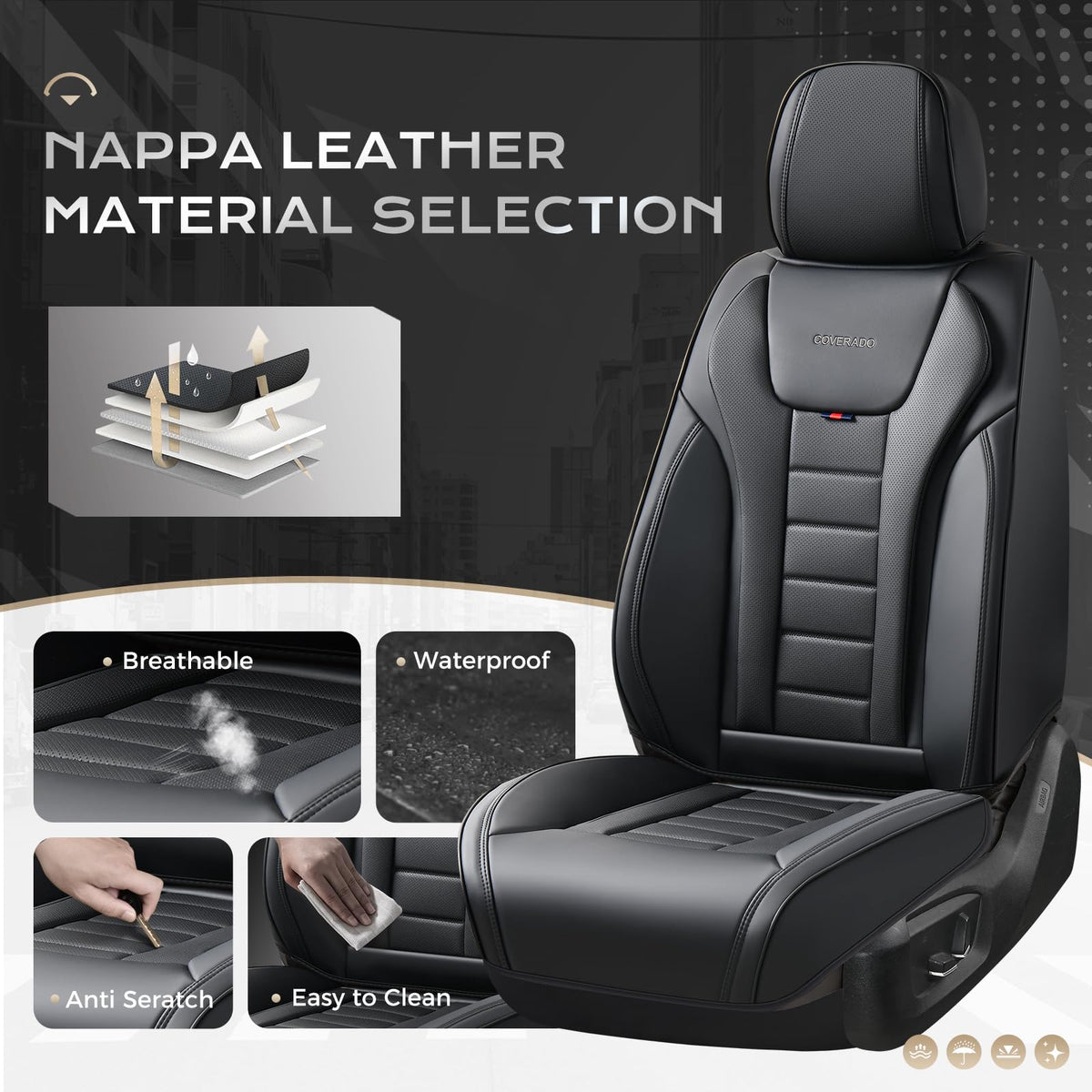 Coverado Juego Completo de Fundas de Asiento de Automóvil, Fundas de Asiento para Automóviles, Fundas de Asiento Delantero y Funda de Asiento Trasero, Funda Impermeable de Piel para Asiento automotriz