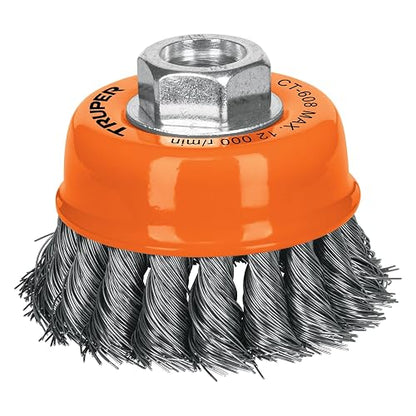 Truper CT-608, Carda de copa, alambre trenzado fino, 3" para esmeril