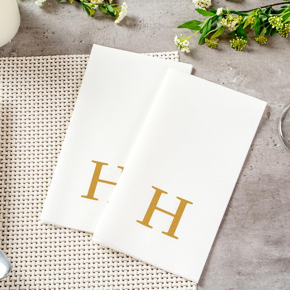 Luxenap - Toallas de lino de 15.8 x 7.9 pulgadas, 50 toallas de mano con letras - letra dorada 'H', letra Sans Serif Font, servilletas de papel blanco, airlaid, para baños y mesas, artículos de