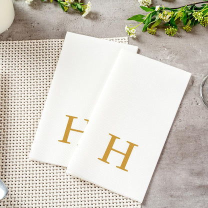 Luxenap - Toallas de lino de 15.8 x 7.9 pulgadas, 50 toallas de mano con letras - letra dorada 'H', letra Sans Serif Font, servilletas de papel blanco, airlaid, para baños y mesas, artículos de