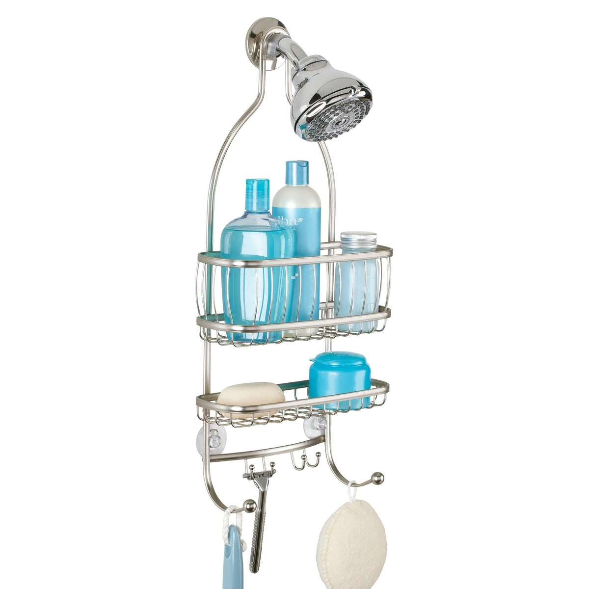 InterDesign York Lyra Shower Caddy, Satin | Espacio extra amplio, 9.75 x 4 x 22 pulgadas, ganchos para maquinillas de afeitar, toallas, champú, acondicionador, jabón