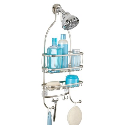 InterDesign York Lyra Shower Caddy, Satin | Espacio extra amplio, 9.75 x 4 x 22 pulgadas, ganchos para maquinillas de afeitar, toallas, champú, acondicionador, jabón