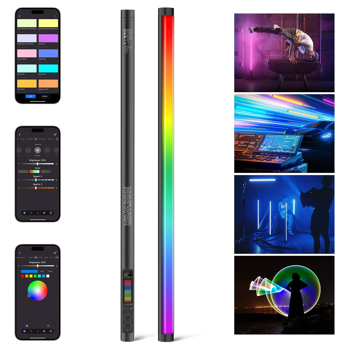 NEEWER - Luz de tubo RGB, luz de video LED de 30 W, RGBWW, varita de luz a todo color, con 18 escenas, efectos de 7 píxeles, 2500-10000 K, CRI97/TLCI98 6000 mAh, APP/2.4G/DMX control para grabación de