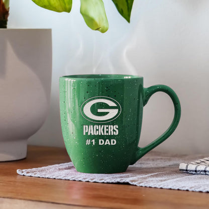 Rico Industries NFL Football Green Bay Packers #1Dad - Taza de café de cerámica moteada grabada con láser de color del equipo de 16 onzas
