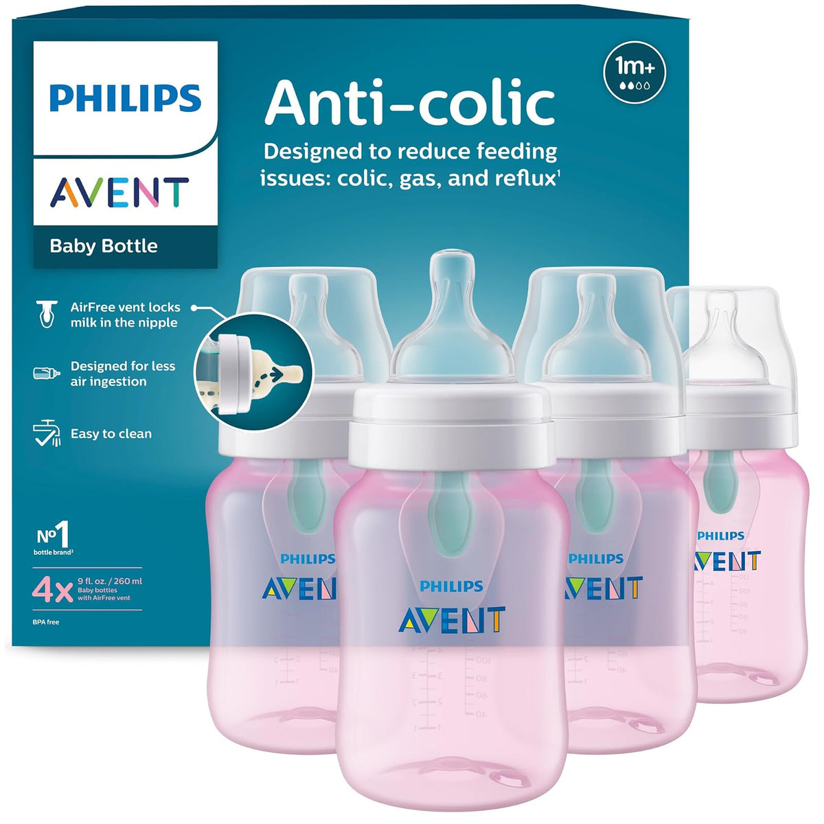 Philips Avent Biberón Anti-colic AirFree™ Clínicamente Comprobado 9 oz Rosa | Menos aire durante la alimentación | Ayuda a reducir cólicos y malestares | AirFree™ | Flujo 2 - Lento | 4 pz | SCY703/14
