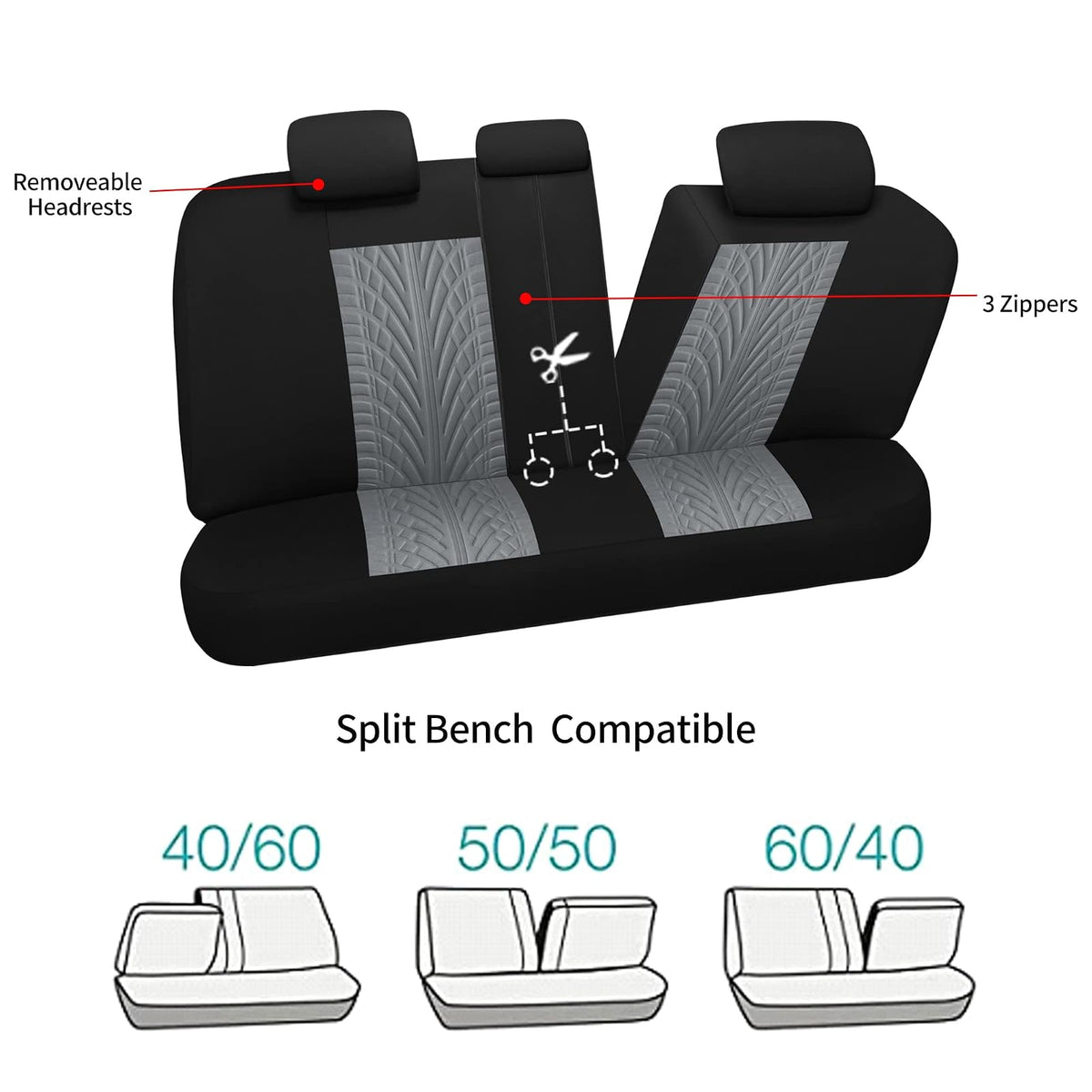 VarCozy Juego Completo de Fundas de Asiento para Automóvil, Banco Delantero y Trasero, Tela Universal, Compatible con Airbag, Negro y Gris (VC-01-B1)
