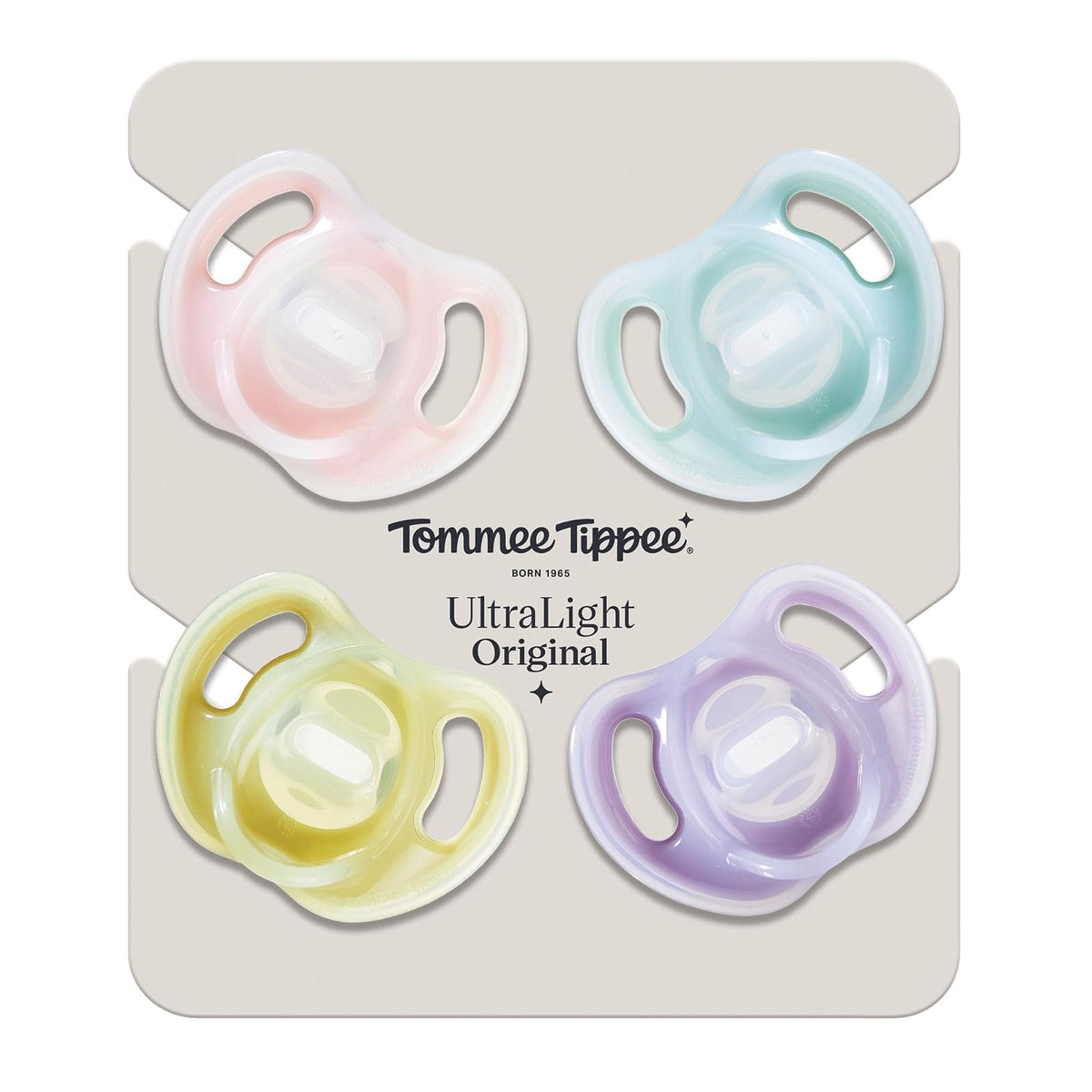 Tommee Tippee Chupón Ultra-Light, 6-18 Meses, Silicona, Paquete de 4 | Diseño Simétrico de Una Pieza, Chupón Libre de BPA, Rosa/Violeta/Amarillo