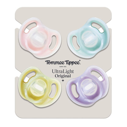 Tommee Tippee Chupón Ultra-Light, 6-18 Meses, Silicona, Paquete de 4 | Diseño Simétrico de Una Pieza, Chupón Libre de BPA, Rosa/Violeta/Amarillo