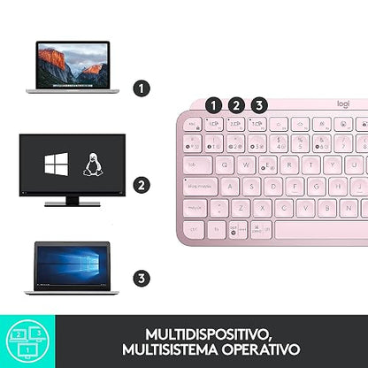 Logitech MX Keys Mini Teclado Inalámbrico Minimalista Iluminado, Compacto, Bluetooth, Retroiluminado, USB-C, Compatible con Apple macOS, iOS, Windows, Linux, Android, de Metal - Rosa