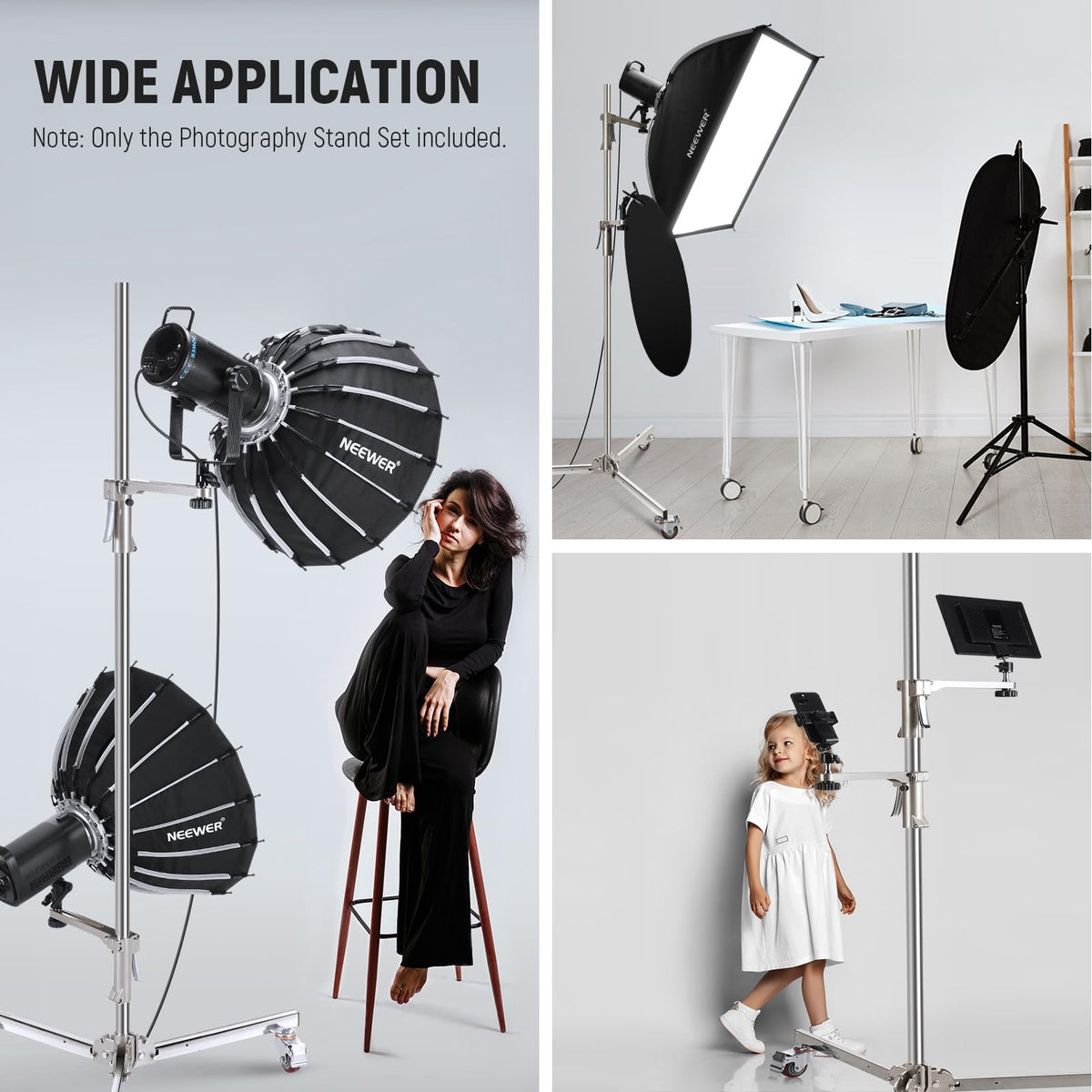NEEWER - Soporte de luz de acero inoxidable de 198 cm, soporte de trípode resistente con ruedas giratorias, 2 brazos deslizantes con agarre de pistola, pata plegable para fotografía Softbox Monolight,