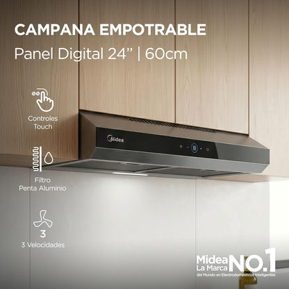 Midea Campana Empotrable Panel Digital 24", Panel Vidrio Negro