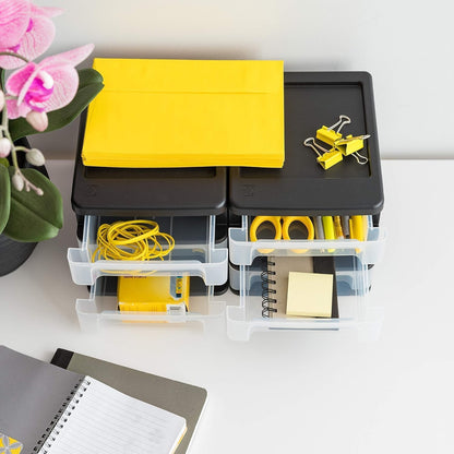 IRIS USA Paquete de 4 Organizadores Apilables de 3 Cajones, Negro | Organiza artículos de oficina, papelería, maquillaje, manualidades y esenciales diarios en el escritorio