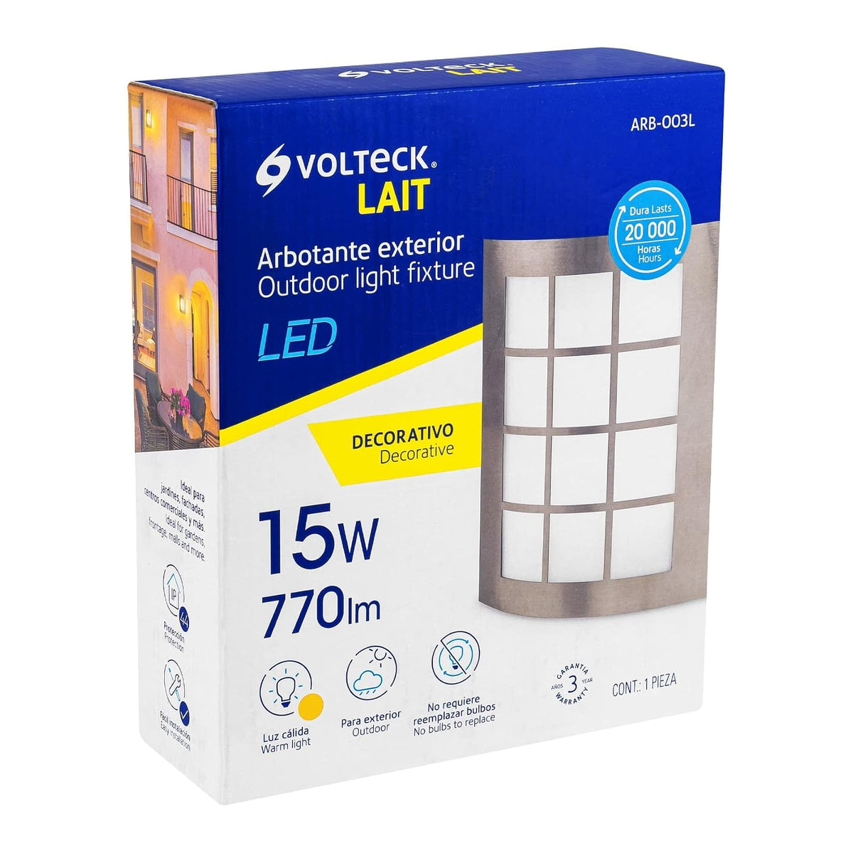 Volteck Lait ARB-003L, Arbotante decorativo de LED 15 W acero inoxidable luz cálida