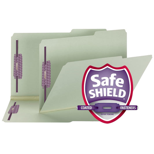 Smead Carpeta de archivos con cierres SafeSHIELD, 2 sujetadores, pestaña de corte 2/5, altura de guía, expansión de 2 pulgadas, tamaño legal, gris/verde, 25 por caja (19920)