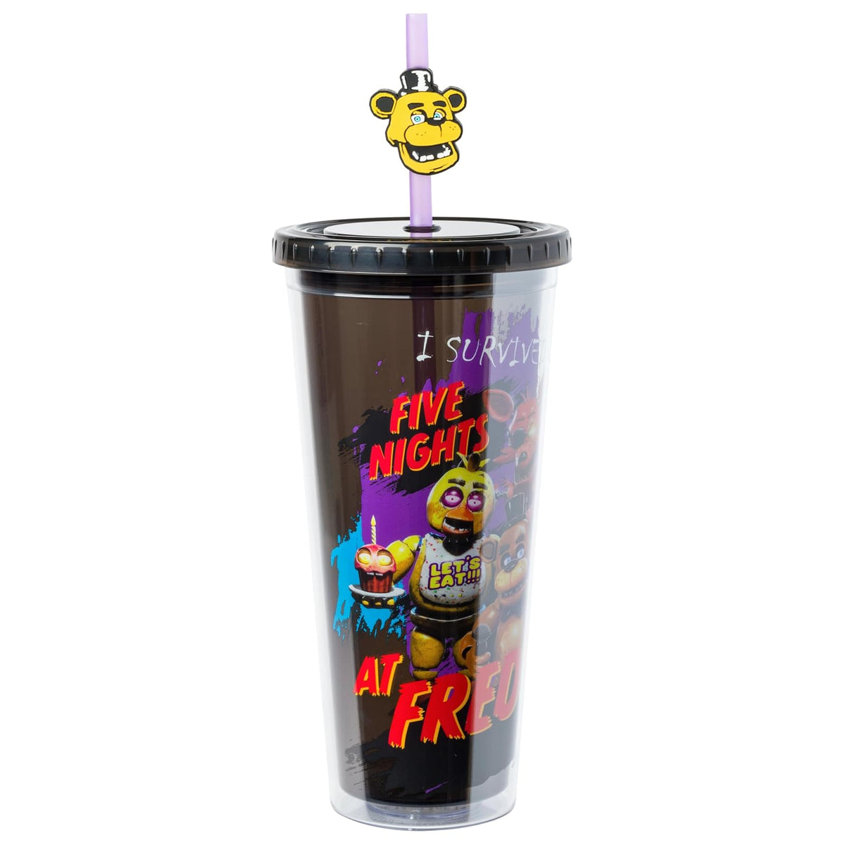 Silver Buffalo Five Nights at Freddy's - Taza fría de plástico con tapa y popote con Freddy Fazbear, Foxy, Chica y Bonnie, 24 onzas
