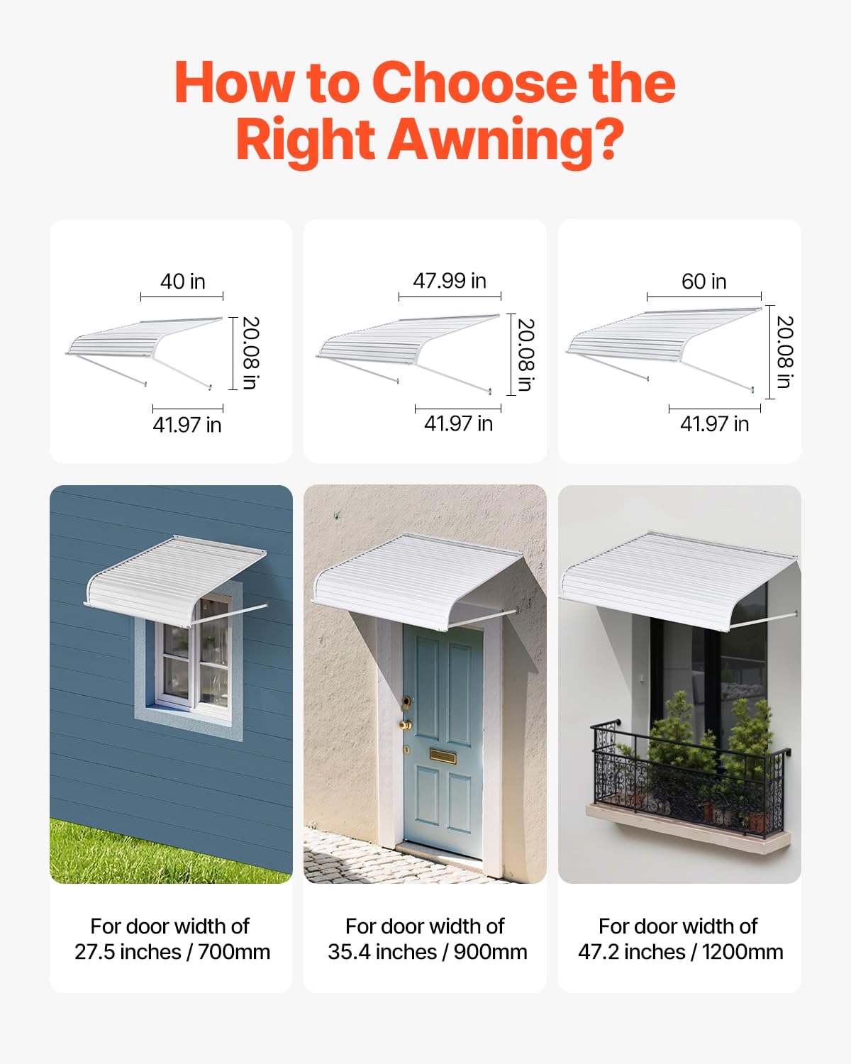 VEVOR Toldo para Exterior, Área de Protección Solar de 1016 x 1066 mm Toldo de Aleación de Aluminio Resistente a la Oxidación con Voladizo Compatible para Puerta de 0,8 m de Ancho de Exterior