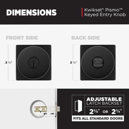 Kwikset Pismo - perilla para puerta de entrada con cerradura y llave, mango con llave segura exterior, entrada frontal y recámara, negro mate, resistente a las púas SmartKey Rekey Security y Microban,