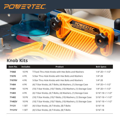 POWERTEC 71121V Juego de Pomos de Riel en T 5/16"-18, 16 Piezas para Carpintería