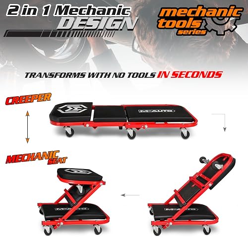 M-Auto Asiento Plegable de 40 Pulgadas, Silla de cochera Ajustable Todo en uno, para tumbarse o Sentarse, Capacidad de 330 Libras Debajo del Automóvil con 6 Ruedas giratorias, Rojo